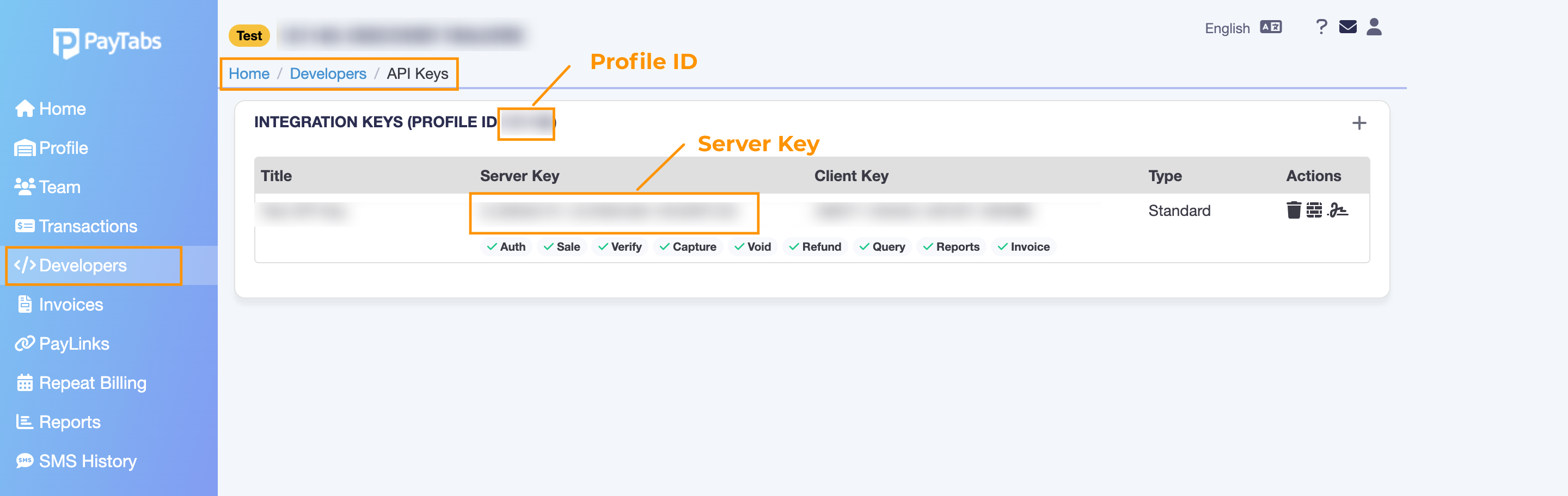 PayTabs account - Profile ID and Server K